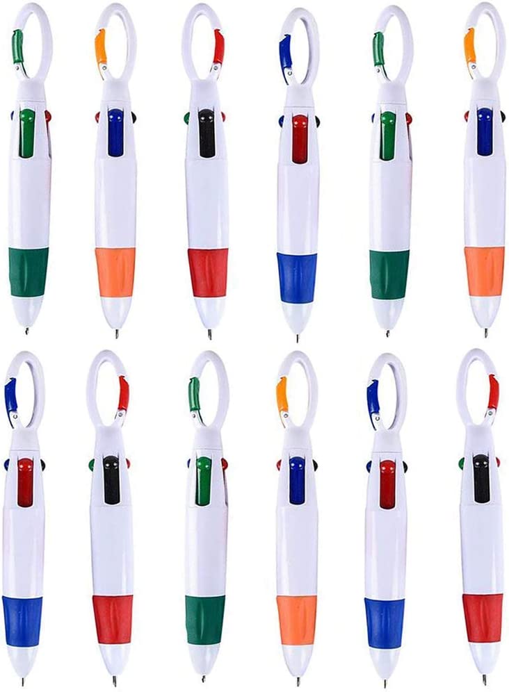 Kicko Mini Shuttle Pens - Pack of 12 Four-Color Carabiner Pen for Kids, Adults, Teachers