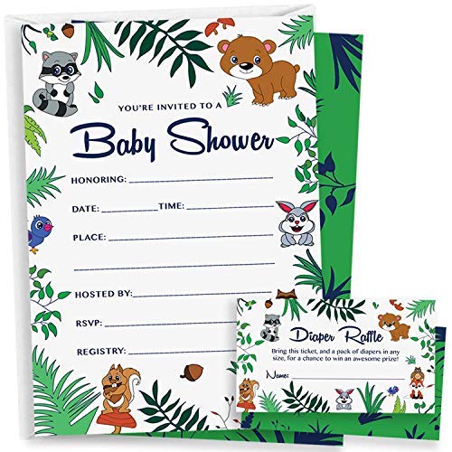 50 Woodland Baby Shower Invitations - 60 Diaper Raffle Cards & Blank