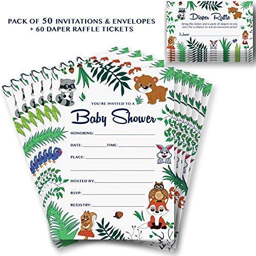 50 Woodland Baby Shower Invitations - 60 Diaper Raffle Cards & Blank
