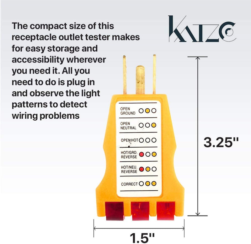 Katzco Receptacle Tester - Ideal for 110-125 Vac 3 Wire Receptacles. Tester Indicates Open