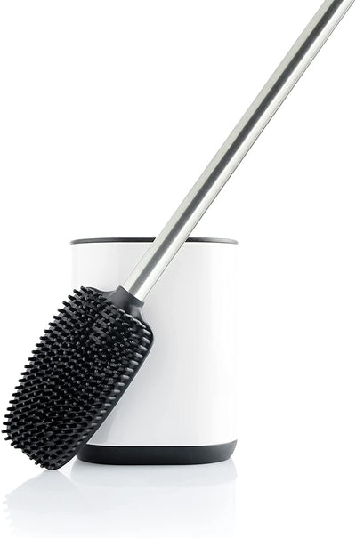 Silicone toilet brush with toilet braces holder and long stem made of stainless steel