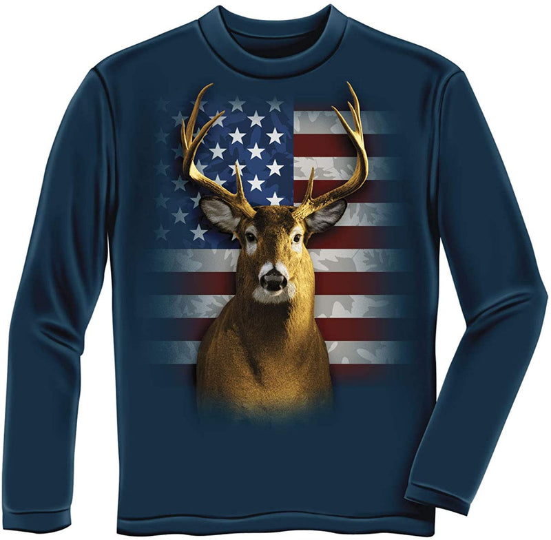 Dawhud Direct American Flag Patriotic Deer Youth Longsleeve Navy Blue Tee Shirt (Large 12