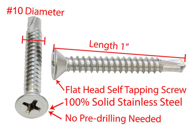 10 X 1'' Stainless Flat Head Phillips Self Drilling Screw, (25 pc), 18-8 (304) Stainless