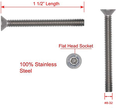 8-32 X 1-1/2" Stainless Flat Head Socket Cap Screw Bolt, (100pc), 18-8 (304) Stainless