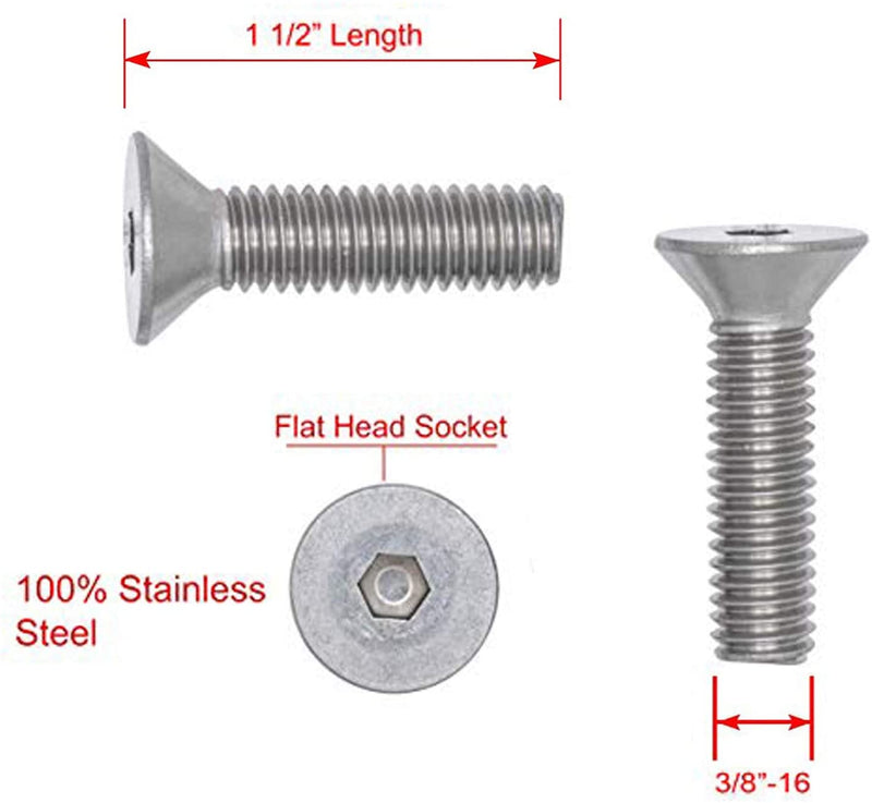 3/8"-16 X 1-1/2" Stainless Flat Head Socket Cap Screw Bolt, (25pc), 18-8 (304) Stainless
