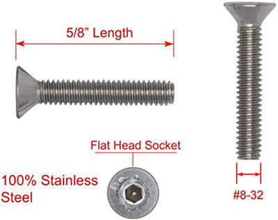 8-32 X 5/8" Stainless Flat Head Socket Cap Screw Bolt, (100pc), 18-8 (304) Stainless