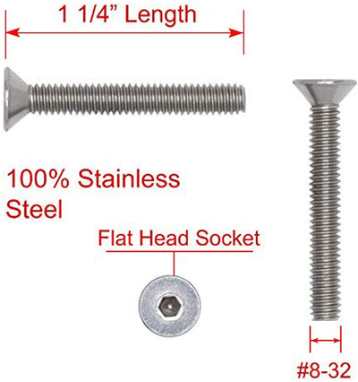 8-32 X 1-1/4" Stainless Flat Head Socket Cap Screw Bolt, (100pc), 18-8 (304) Stainless