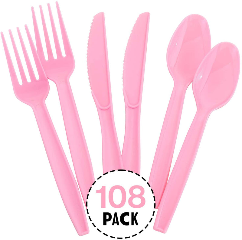 Kicko Pastel Pink Premium Cutlery - 108 Pieces - Plasticware for Catering Events, Parties