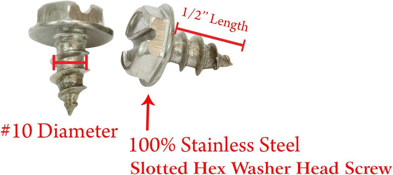 10 X 1/2" Stainless Slotted Hex Washer Head Screw, (50 pc), 18-8 (304) Stainless Steel