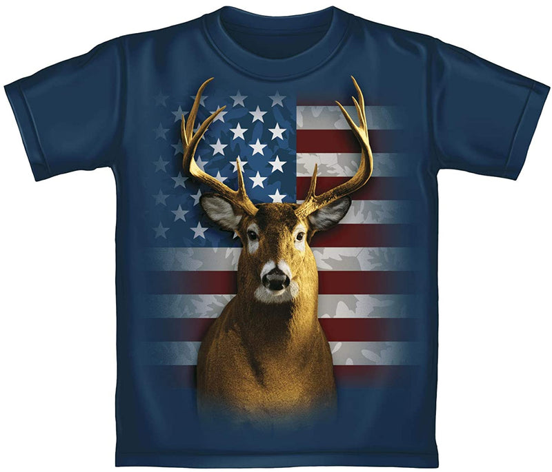 Dawhud Direct American Flag Patriotic Deer Adult Navy Tee Shirt (Adult Large