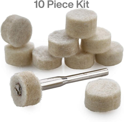 Katzco 0.5 Inch Wool Felt Buffing and Polishing Wheel Set - 10 Piece Kit Half Inch Mandrel