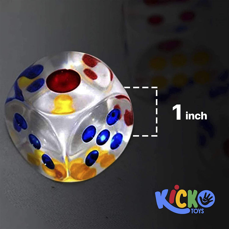Kicko 1 Inch Transparent Dice Set - Pack of 12 Oversized Colorful 6-sided Replacement Game