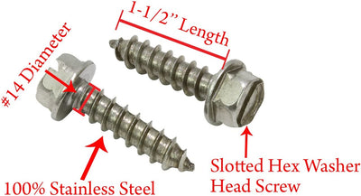 14 X 1-1/2" Stainless Slotted Hex Washer Head Screw, (25 pc), 18-8 (304) Stainless Steel