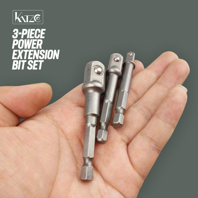 Katzco 3-Piece Power Extension Bit Set - 3 Sizes - .25, 3/8, and .5 Inches - for Drills