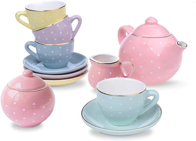 Porcelain tea service for little girls children's tableware play kitchen 13 -part pink