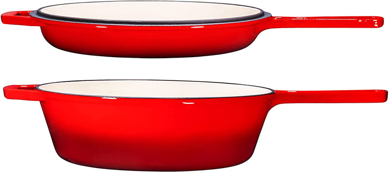 Enameled Red 2-In-1 Cast Iron Multi-Cooker By Heavy Duty 3 Quart Deep Skillet And Lid
