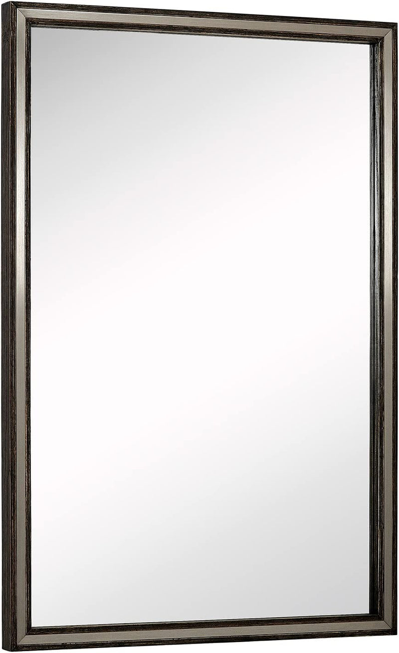Hamilton Hills Large Metal Inlaid Wood Frame Wall Mirror | Glass Panel Silver Stainless