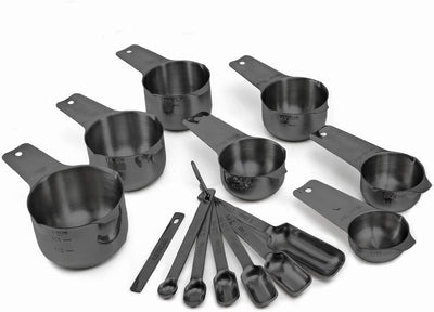 2lbDepot Black Measuring Cups & Spoons Set of 14, Premium Stainless Steel Metal, 7