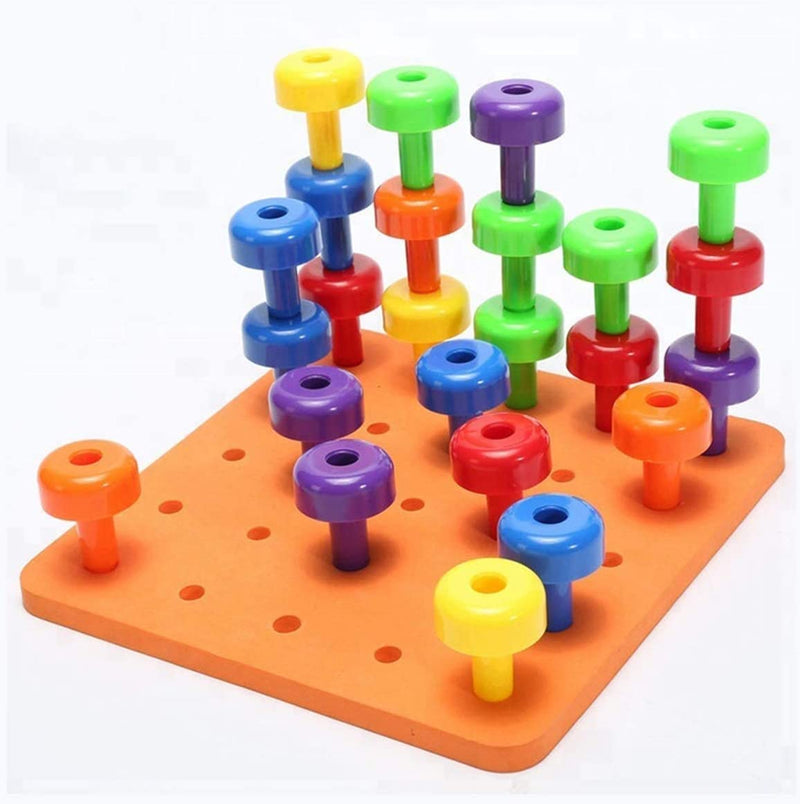 Kicko Stacking Pegs with Board - 8.5 Inch Square Board, 2 Inch Pegs - Includes 2 Boards