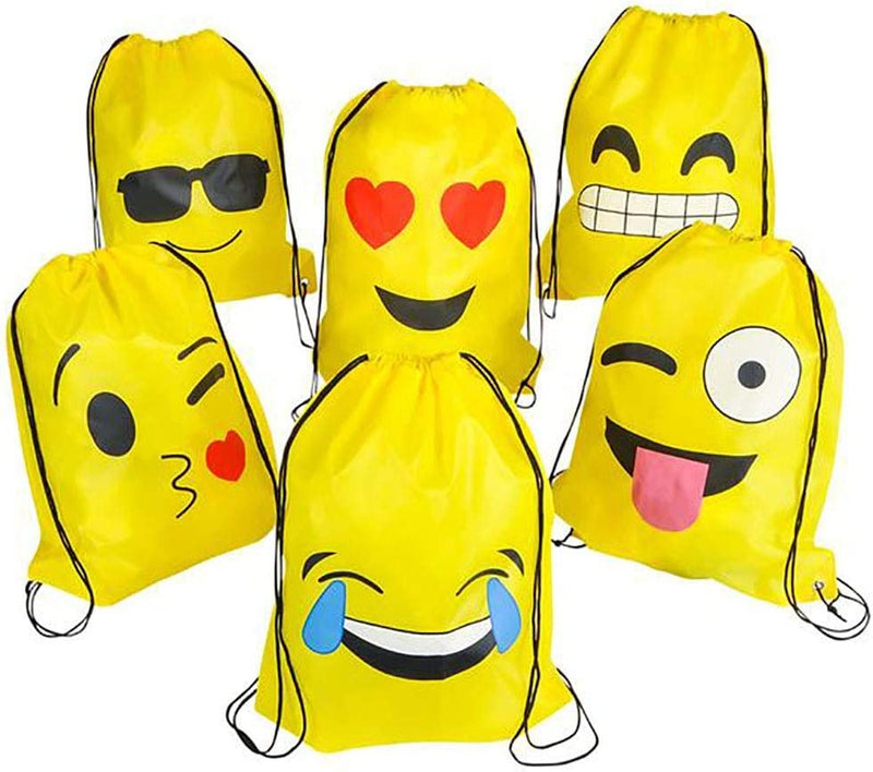 Kicko 16 x 13 Inch Drawstring Bag - 6 Pack of Assorted Emoticon Backpack for School, Gym