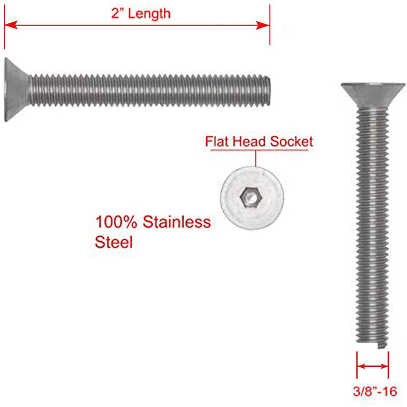 3/8"-16 X 2" Stainless Flat Head Socket Cap Screw Bolt, (25pc), 18-8 (304) Stainless
