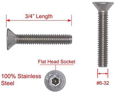 6-32 X 3/4" Stainless Flat Head Socket Cap Screw Bolt, (100pc),18-8 (304) Stainless