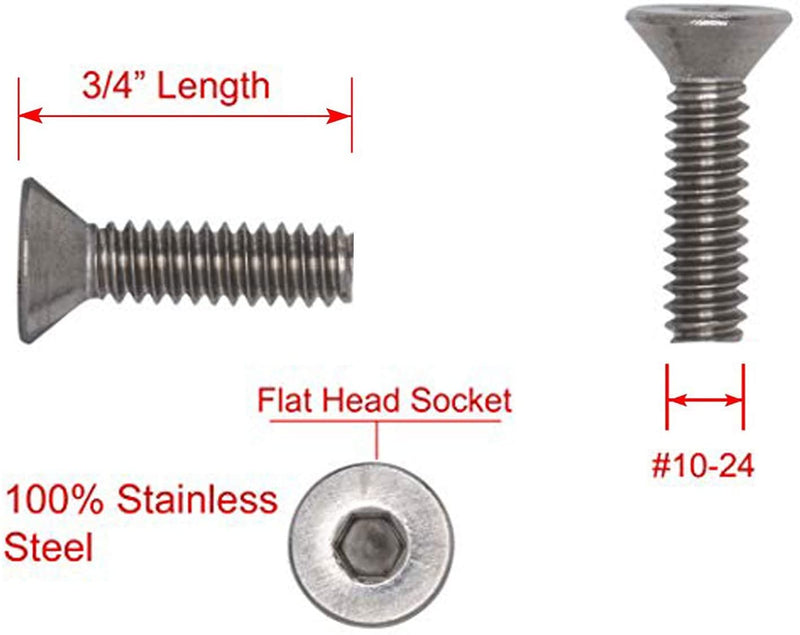 10-24 X 3/4" Stainless Flat Head Socket Cap Screw Bolt, (100pc), 18-8 (304) Stainless