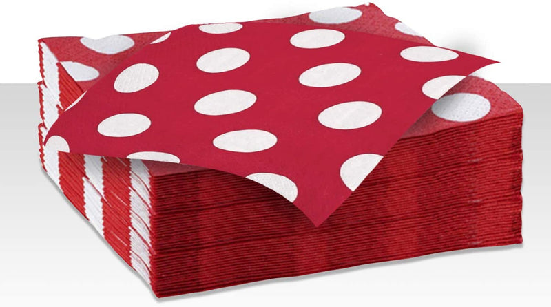 Kicko Ruby Red with White Polka Dots Paper Napkins - 64 Pack - 6.25 x 6.25 Inch