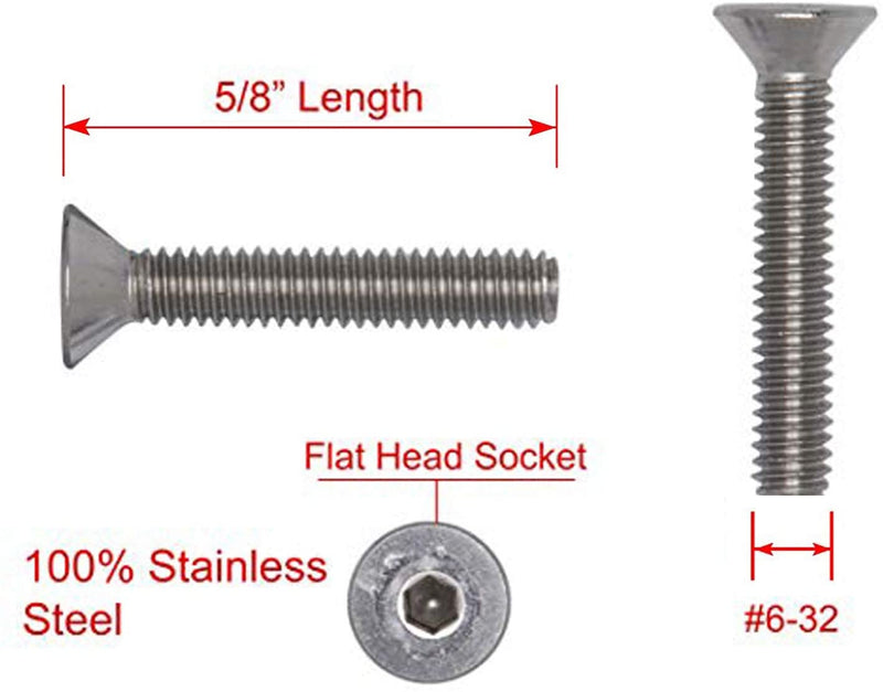 6-32 X 5/8" Stainless Flat Head Socket Cap Screw Bolt, (100pc), 18-8 (304) Stainless