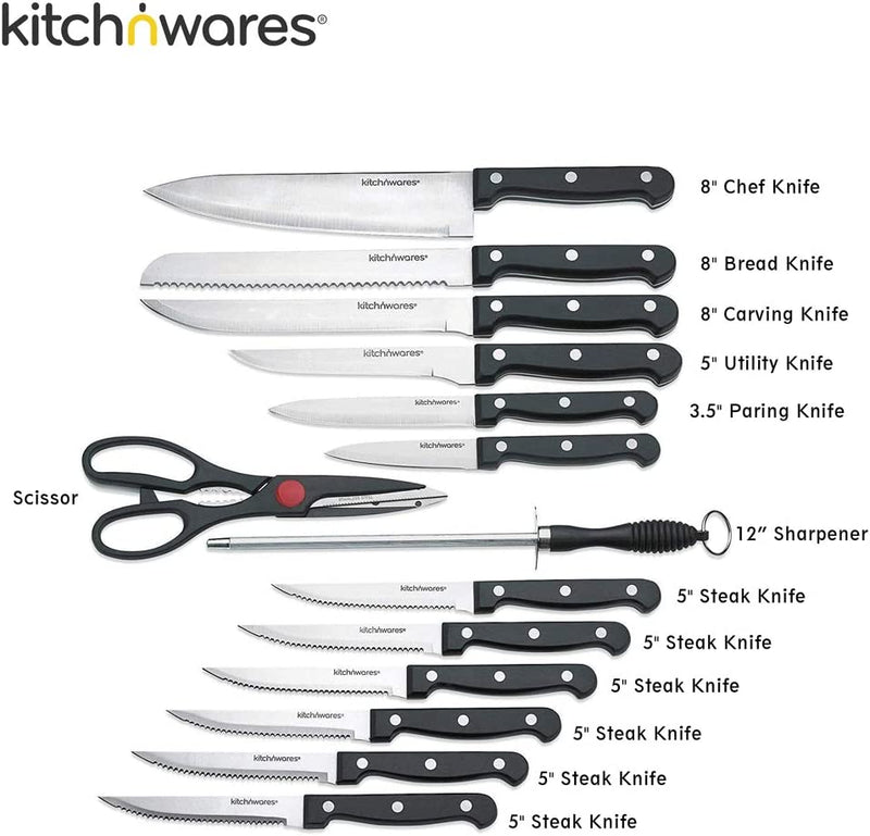 Knife Set With Wooden Block - 15 Piece Set Includes Chef Knife, Bread Knife, Carving