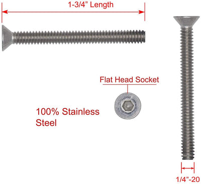 1/4"-20 X 1-3/4" Stainless Flat Head Socket Cap Screw Bolt, (25pc), 18-8 (304) Stainless