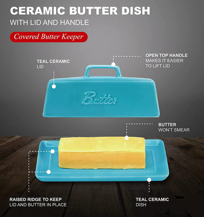 Bruntmor Elegant Ceramic Butter Dish with Lid, Covered Butter Keeper - Handle Design