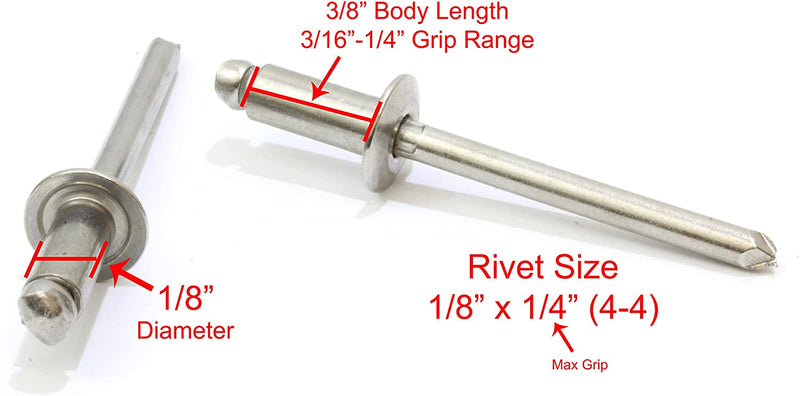 Bolt Dropper 43 Stainless Rivets (100pc) 1/8" Diameter, Grip Range (1/8" - 3/16"), All