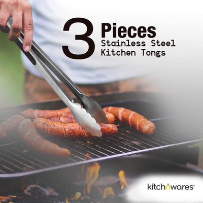 Kitch N' Wares Stainless Steel Kitchen Tongs, Set of 3-9 Inch, 12 Inch and 14 Inch -
