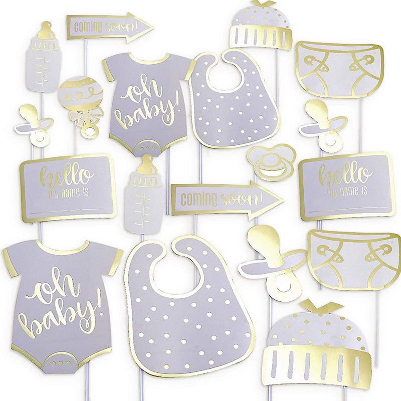 Kicko Gold Baby Shower Photo Props on Sticks - 20 Pack - for Kids, Party Favors, Stocking