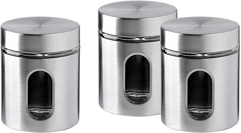 WHOLE HOUSEWARES | Brushed Stainless Steel and Glass Canister with Window | Set of 3 | 5"H