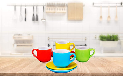 Espresso Cups with Saucers by Bruntmor - 4 ounce - Multi-Color, Chip Resistant, Stackable