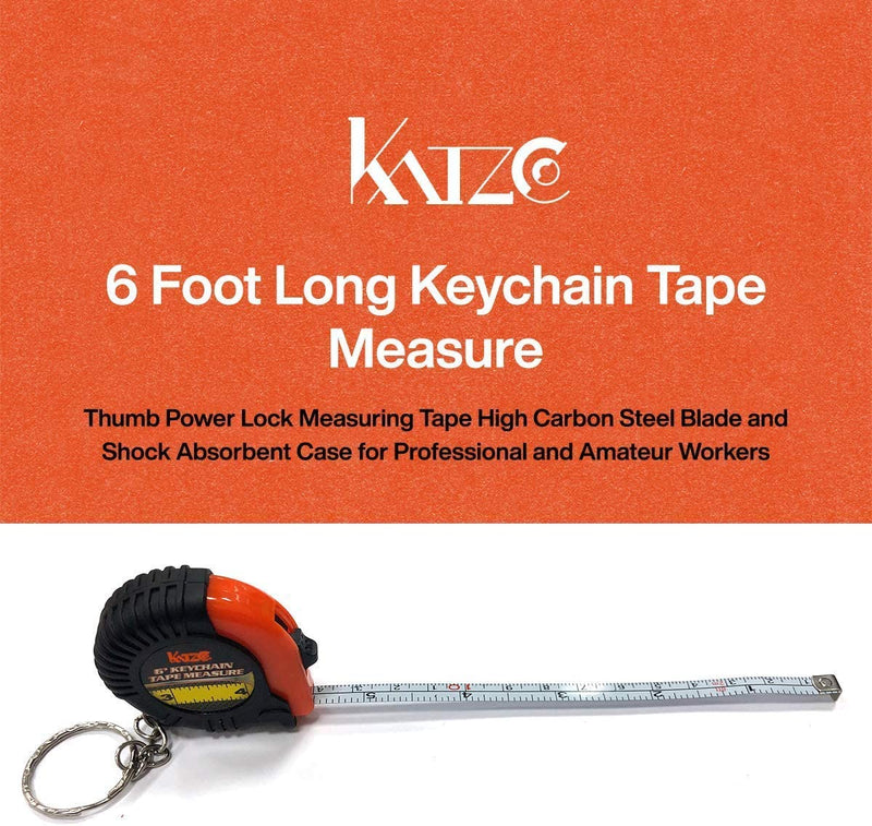 Katzco 6 Foot Long Keychain Tape Measure - 2 Pack - Thumb Power Lock Measuring Tape - High
