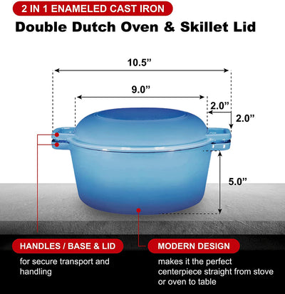 2 in 1 Enameled Cast Iron Double Dutch Oven & Skillet Lid, 5-Quart, Induction, Electric