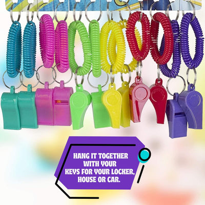 Kicko Colorful Whistle with Spiral Bracelet and Keychain - 36 Pack - Multi-colored