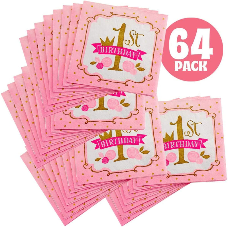 Kicko Pink and Gold First Birthday Paper Napkins - 64 Pack - 6.45 x 6.45 Inches