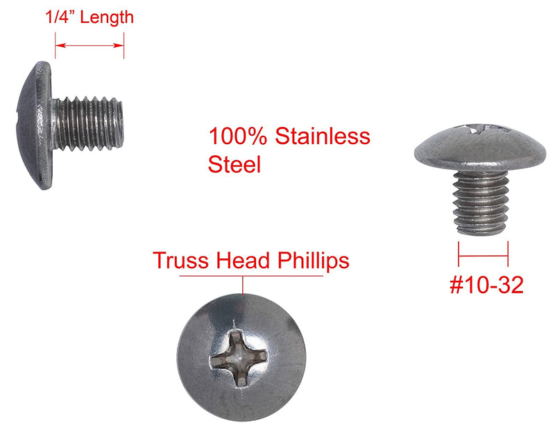 10-32 X 1/4" Stainless Phillips Truss Head Machine Screw, (100pc), Fine Thread, 18-8