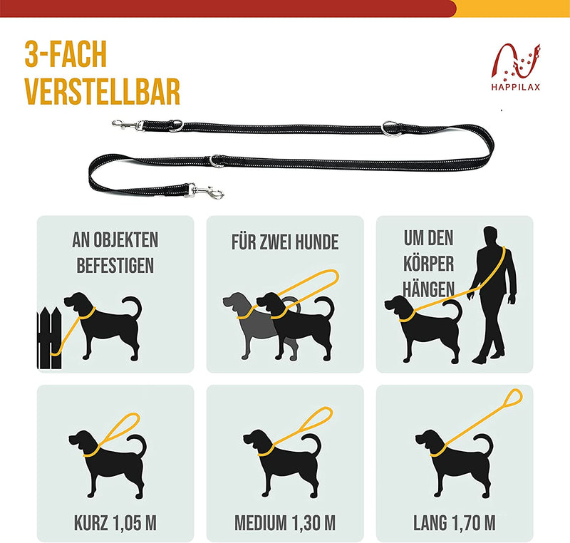 Dog leash 2m adjustable black / reflective 3 -way adjustable guide line