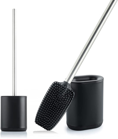 Silicone toilet brush with toilet braces holder and long stem made of stainless steel