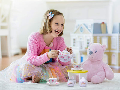Porcelain tea service for little girls with pink picnic basket children's dishes