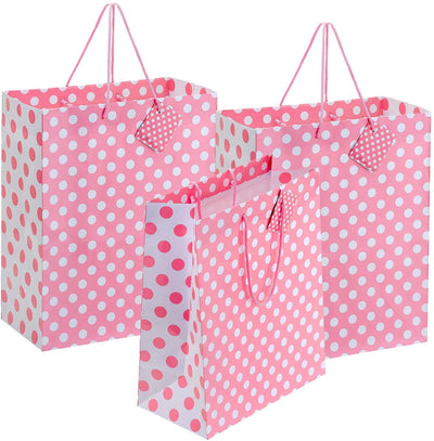Kicko Large Pink Dot Gift Bags - 3 Pack - 13 Inches - for Party Favors, New Moms