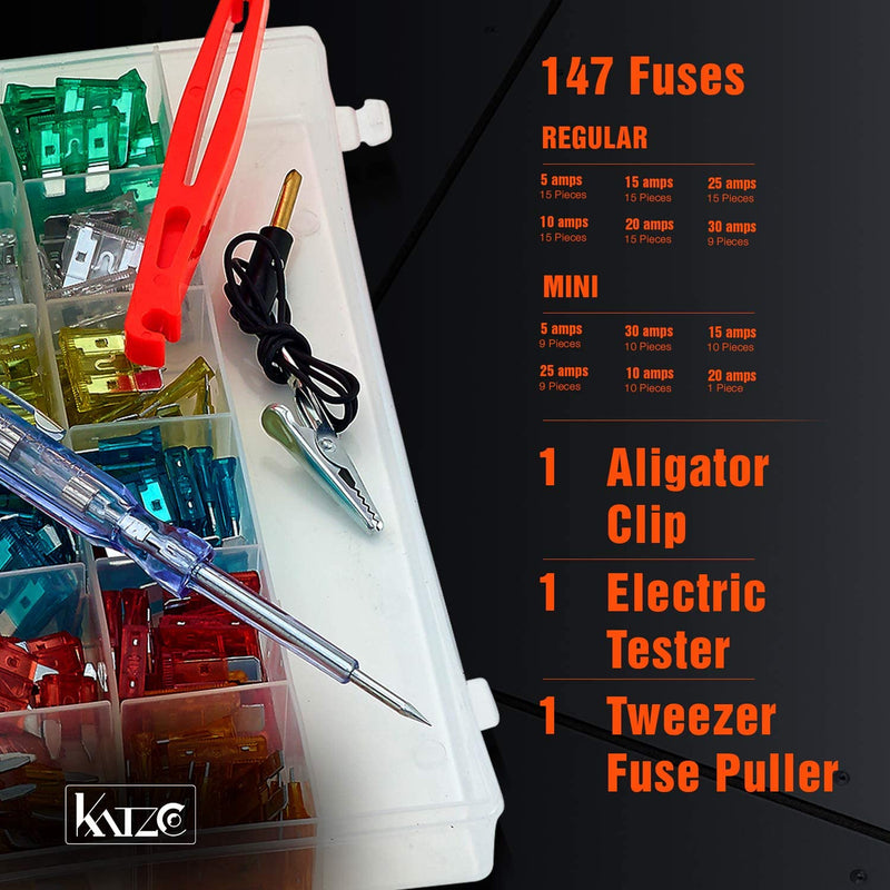 Katzco 150 Piece - Mini and Regular/ATM ATC Car Fuse Kit  Auto Blade Fuse Assortment