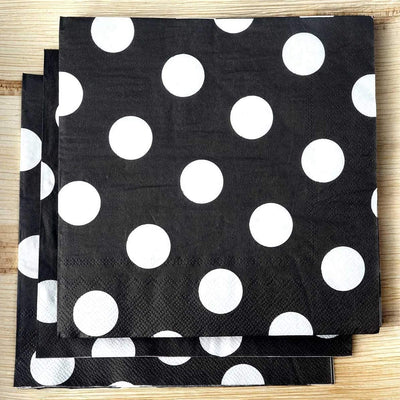 Kicko Black with White Polka Dots Paper Napkins - 64 Pack - 6.25 x 6.25 Inch - Disposable