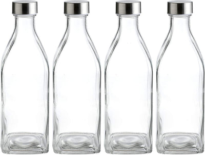 34 Oz Square Glass Water Bottles, Stainless Steel Leak Proof Lid, 4 Pack of Reusable