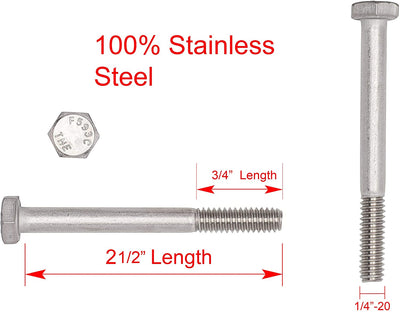 1/4"-20 X 1/2" (100pc) Stainless Hex Head Bolt, 18-8 Stainless